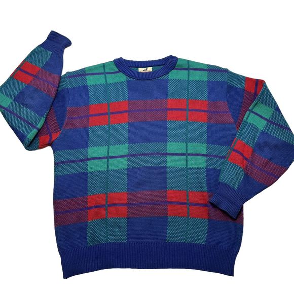 Vintage Winona Knits Mens L Plaid Sweater Grandpa Pullover Blue Green Red Check - Picture 1 of 7